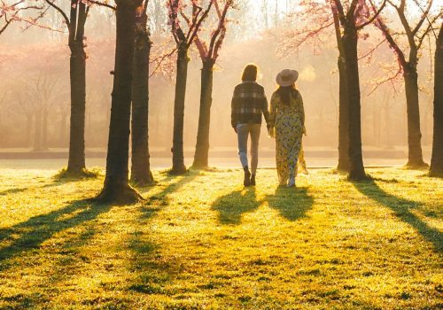 2 personen wandelen door zonsondergang in bos